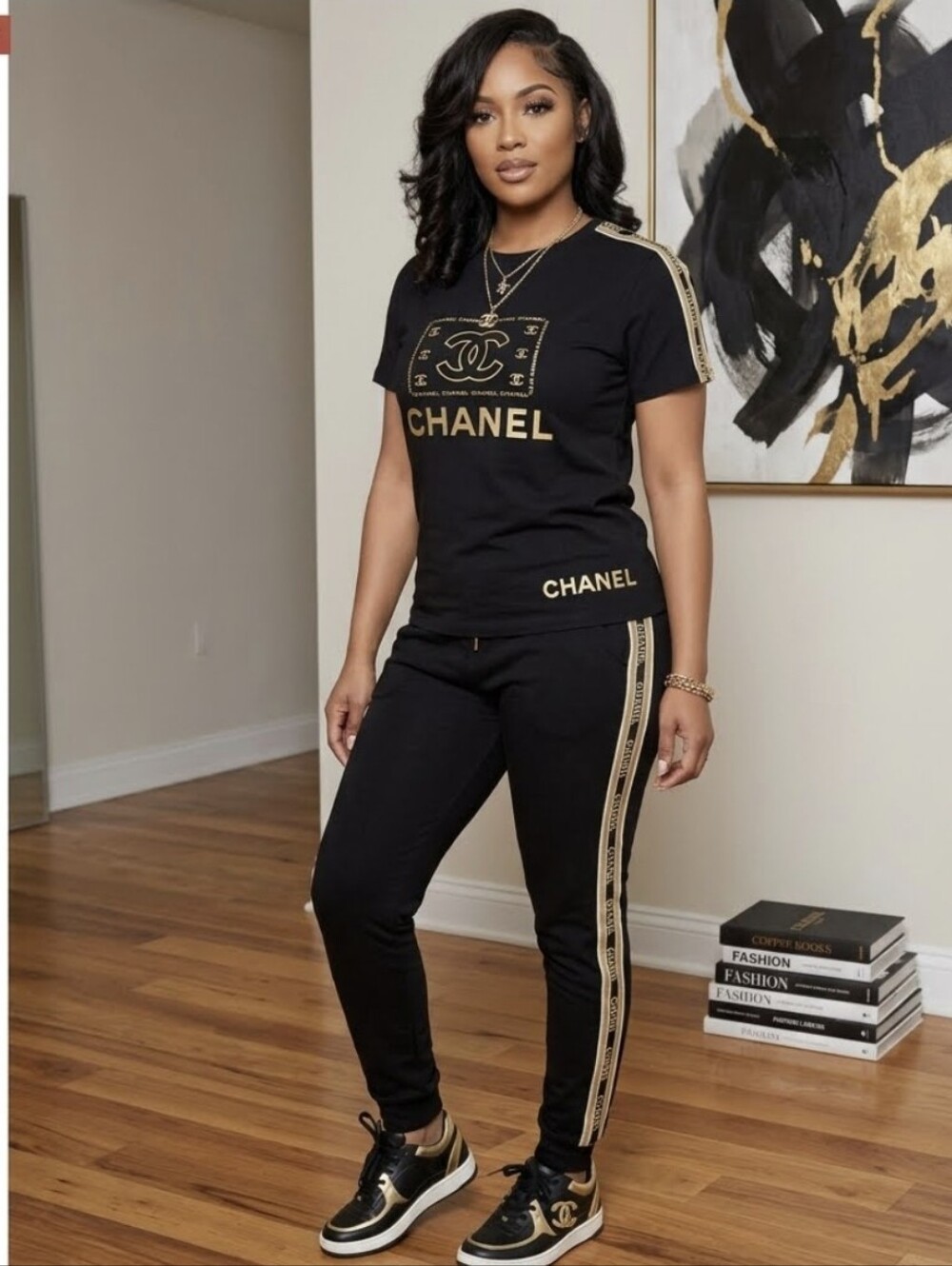 Fashion | Black and Gold Logo Track Jogger Set
